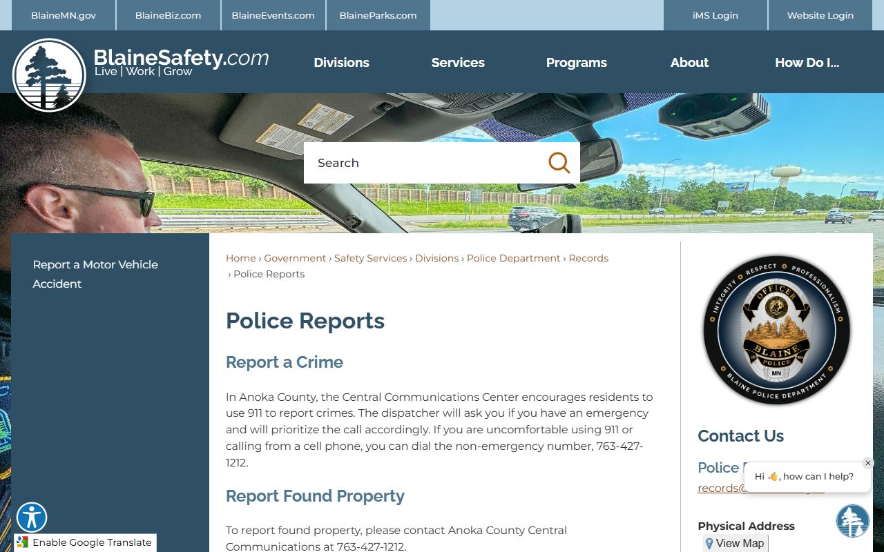 Blaine Police Department police reports page for accessing booking releases and public records