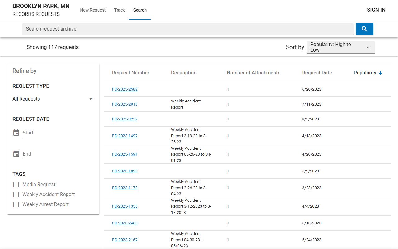 Brooklyn Park Police Department JustFOIA online portal for requesting booking releases and arrest records