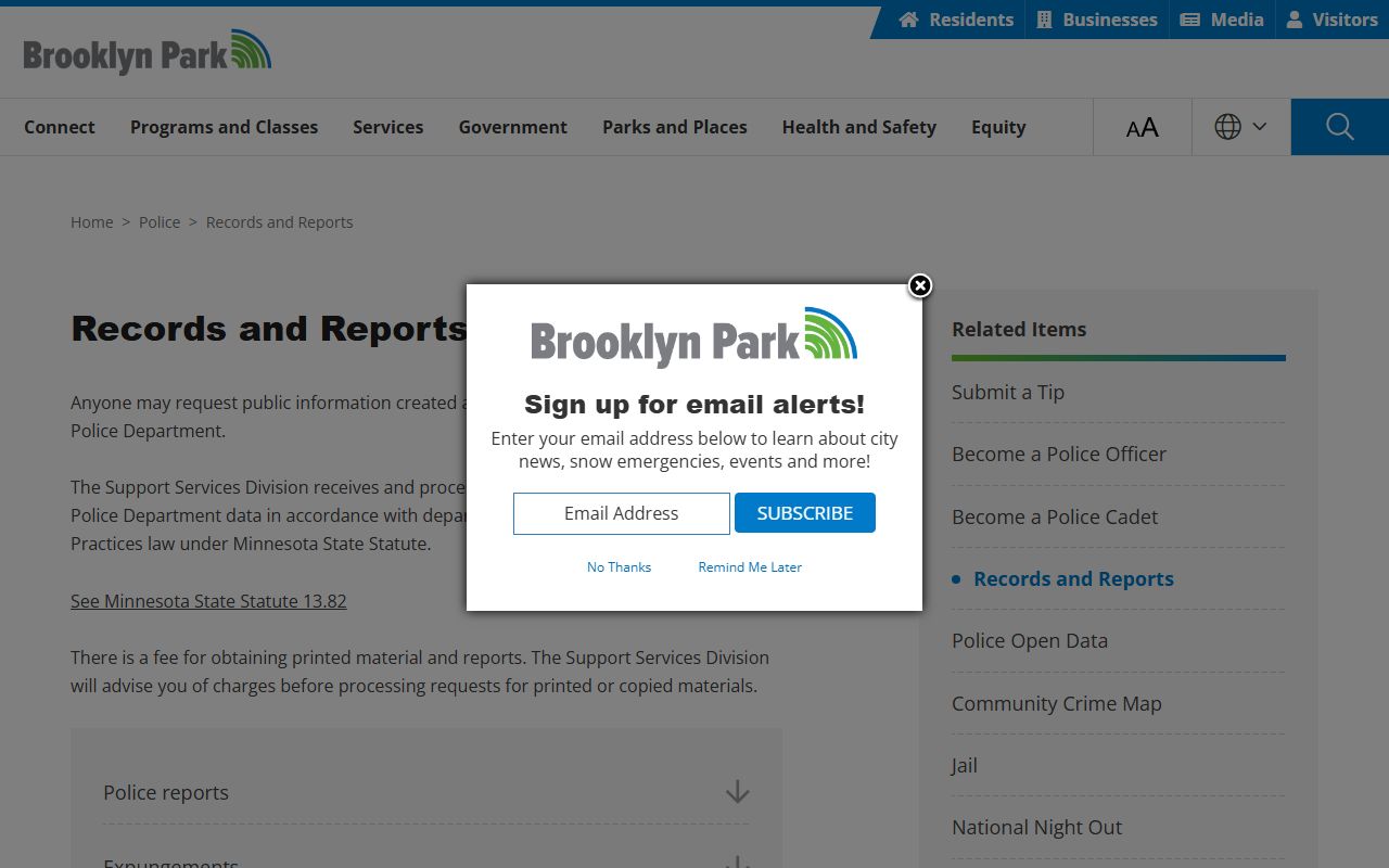 Brooklyn Park Police Department records and reports page for booking releases and police reports