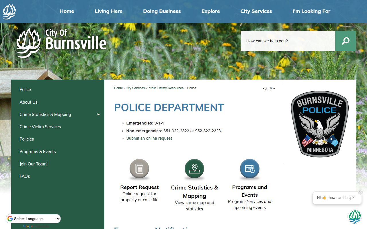 Burnsville Police Department page showing contact and services for booking releases and arrest records