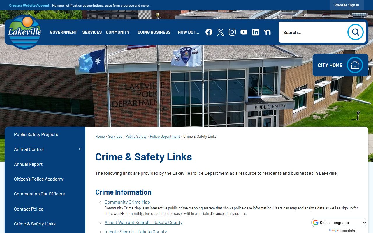 Lakeville crime and safety links page with resources for booking releases and public records