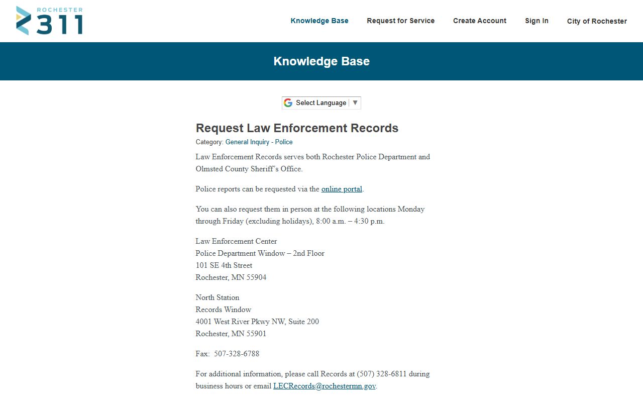 Rochester Police Department law enforcement records page for booking releases and police reports