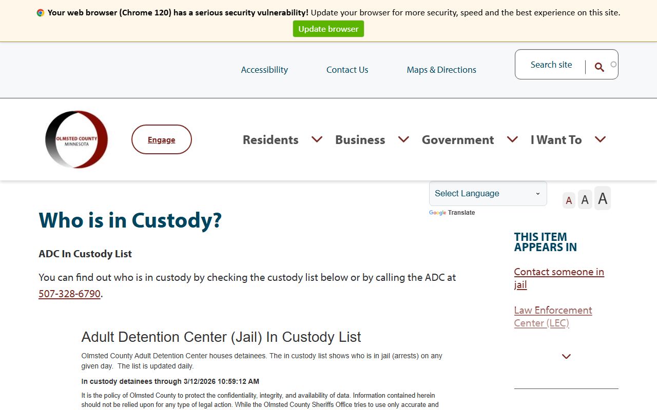 Olmsted County in-custody inmate search page for Rochester booking releases
