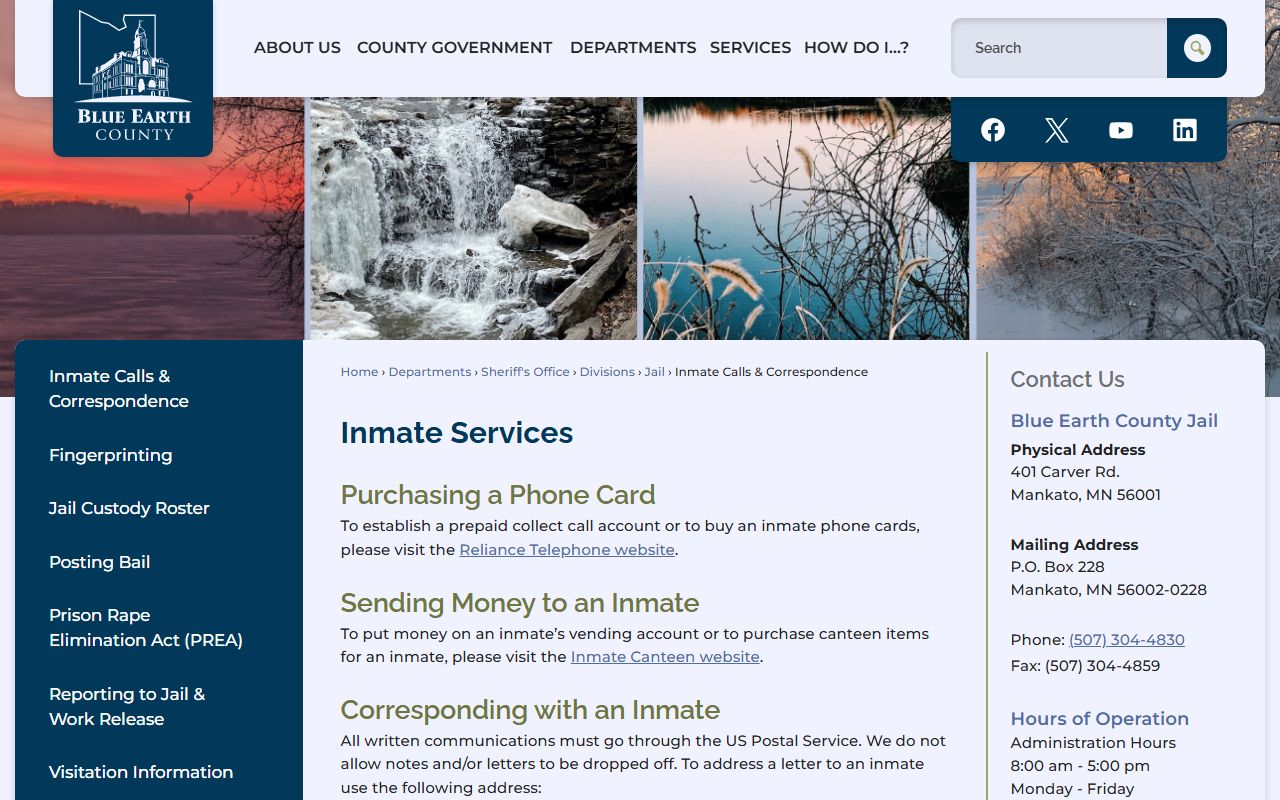 Blue Earth County inmate calls and correspondence