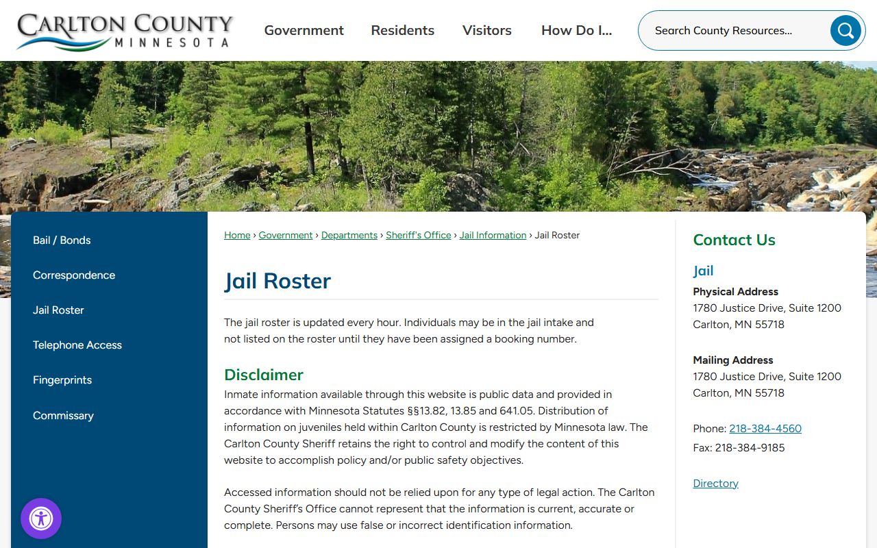 Carlton County Jail Roster page