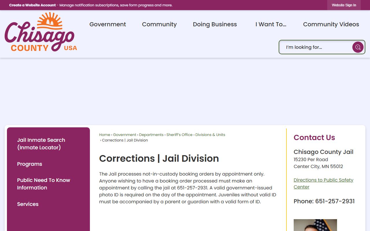 Chisago County Corrections and Jail Division page