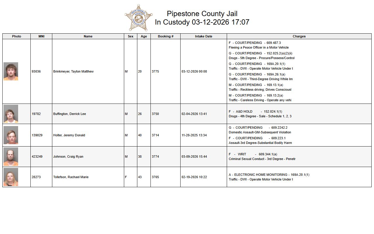 Pipestone County Sheriff custody list booking releases