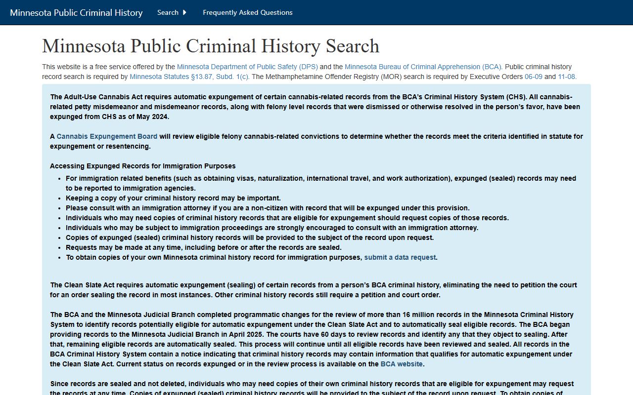 Minnesota BCA Criminal History Search portal for looking up conviction records
