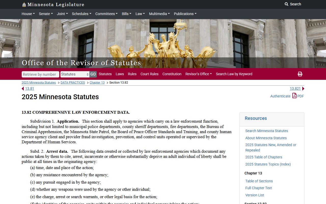 Minnesota Statute 13.82 governing law enforcement data and public booking records