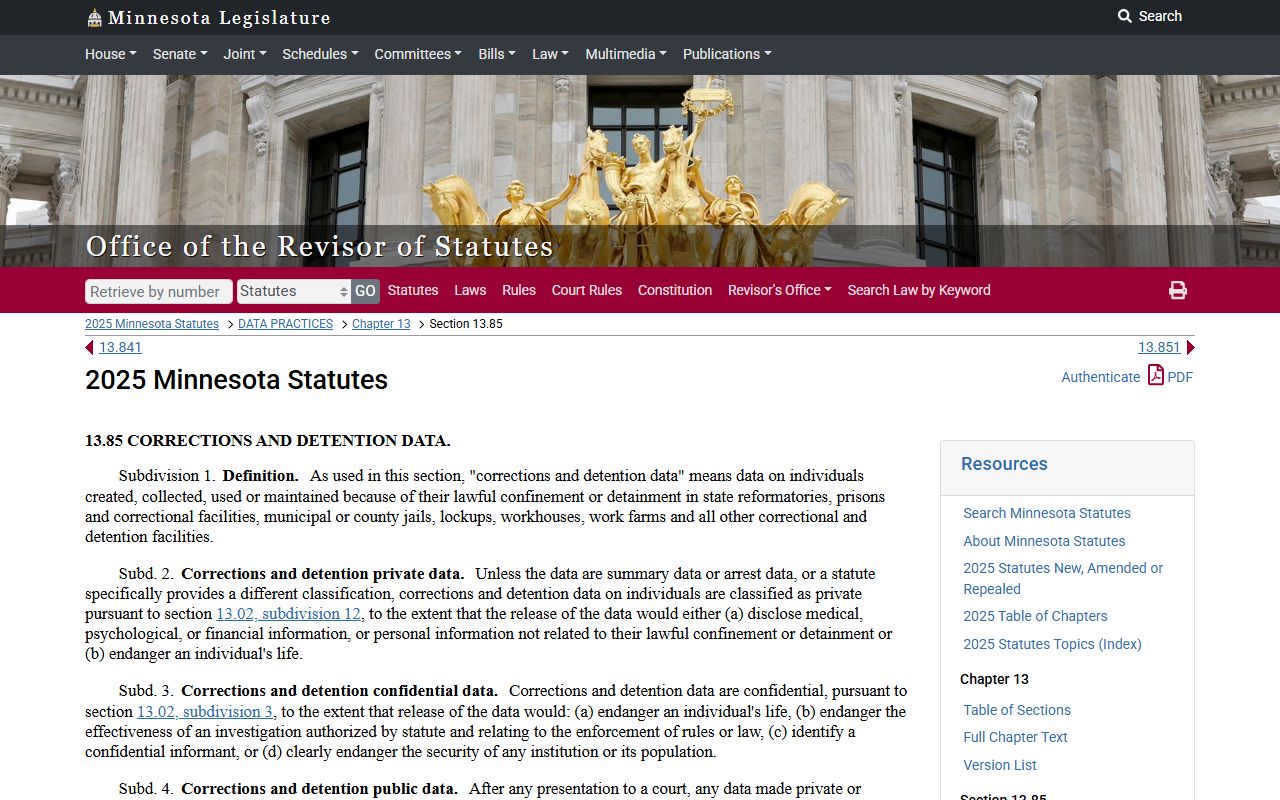 Minnesota Statute 13.85 correctional facility data rules for jail rosters and inmate records