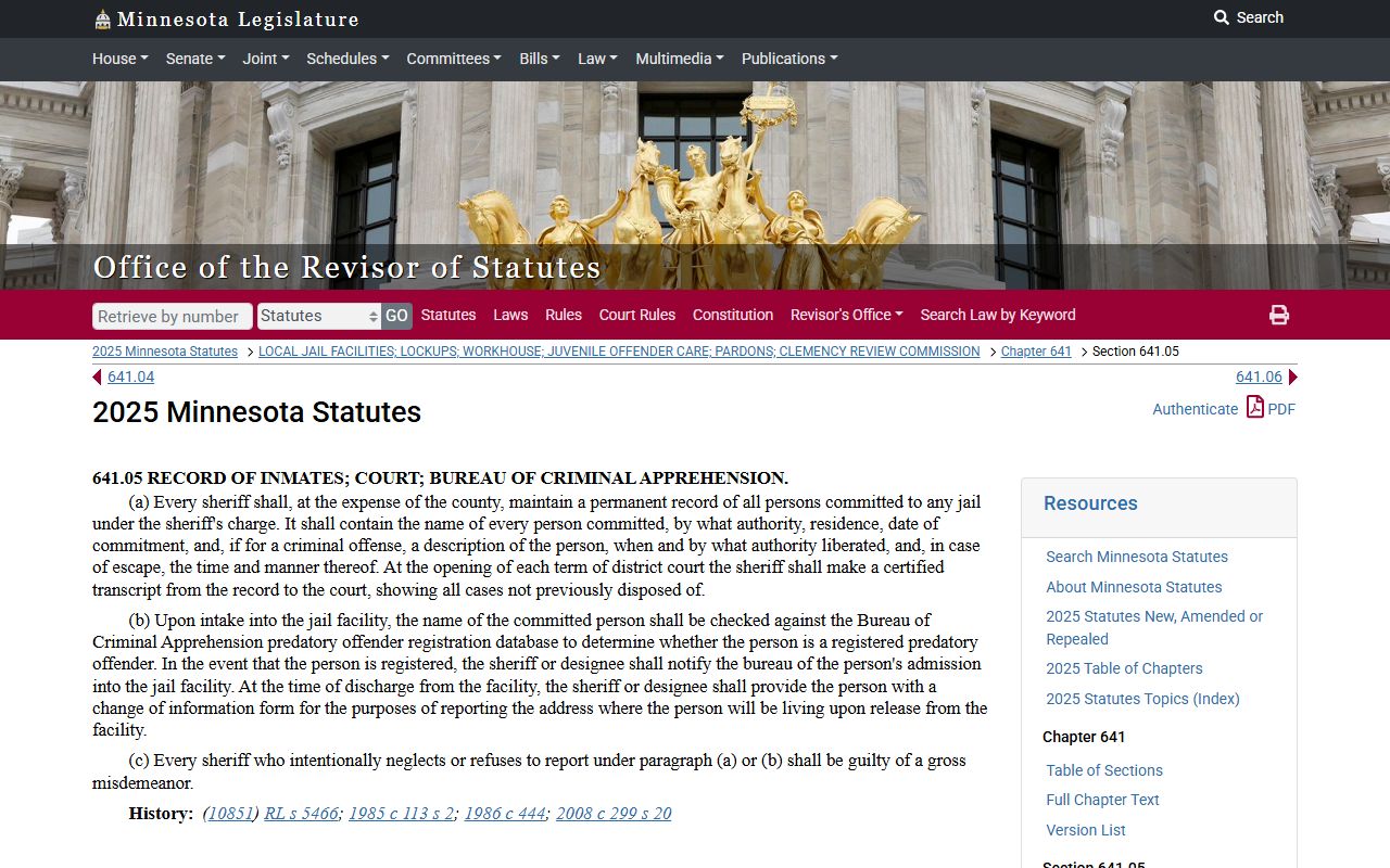 Minnesota Statute 641.05 requiring sheriffs to keep public jail records and booking releases